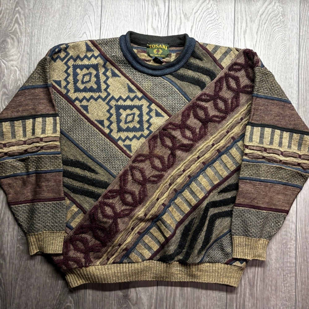 Vintage Tosani Mens XL Textured Geometric Knit Wool Blend Sweater Made in Canada